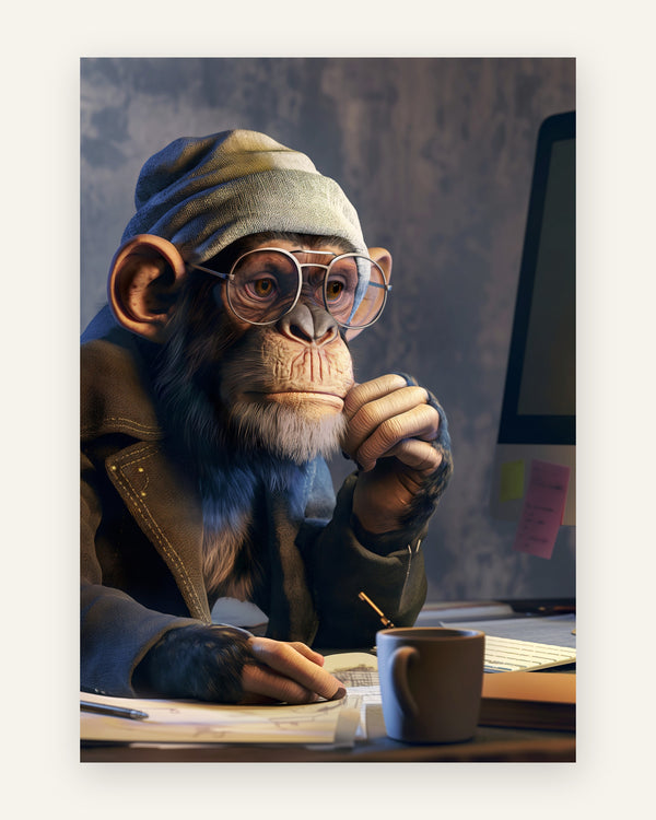 Plakat med tænksom chimpanse ved skrivebord i blå toner