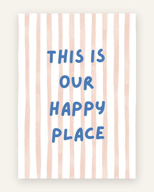 Børneplakat med this is our happy place i blå toner til børneværelset