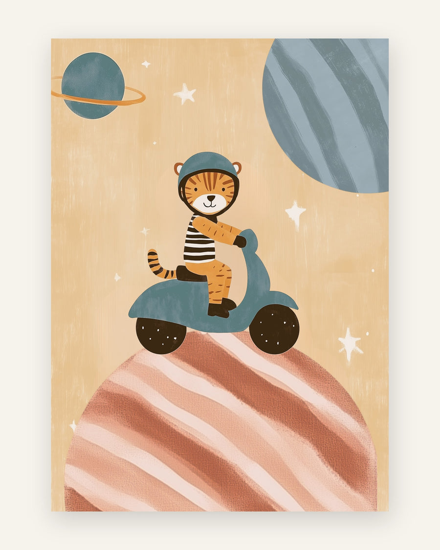 Børneplakat med tiger på scooter i rummet til børneværelset