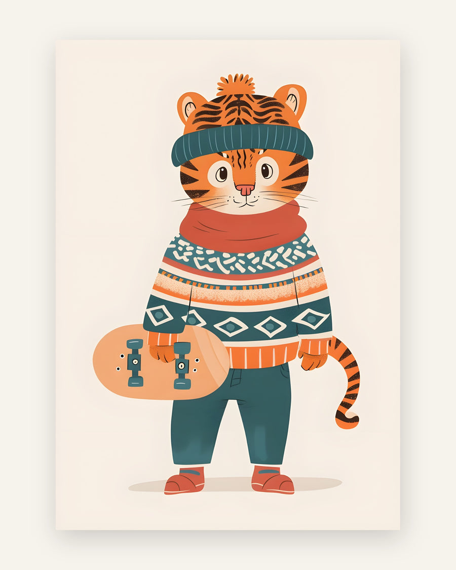 Børneplakat med tigerunge på skateboard til børneværelset