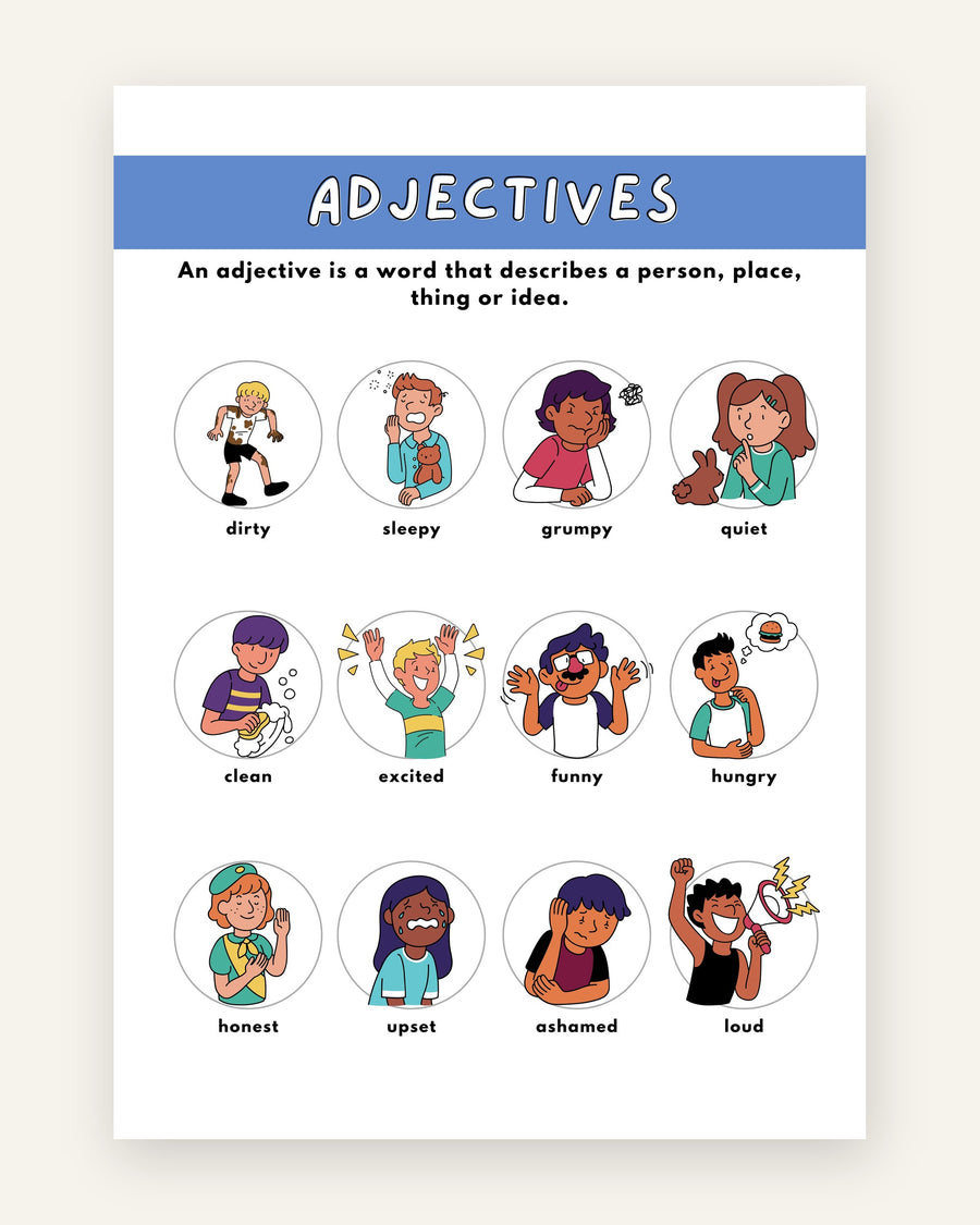 Børneplakat med tillægsord adjectives i friske farver til børneværelset