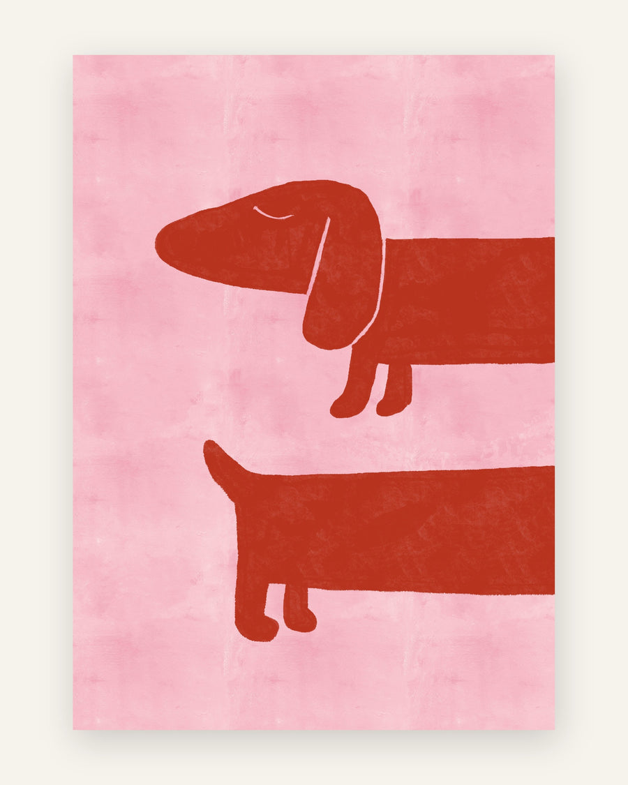 Børneplakat med to lange røde gravhunde i et minimalistisk motiv på en lyserød baggrund til børneværelset