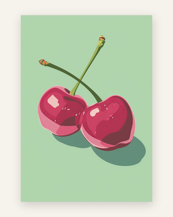 Grafisk plakat med to blanke kirsebær i pink og rødt med grønne stilke på en mintgrøn baggrund