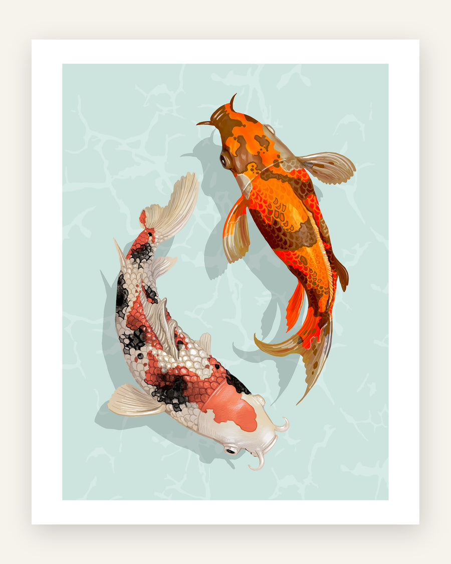 Plakat med to koikarper i dammen i orange toner