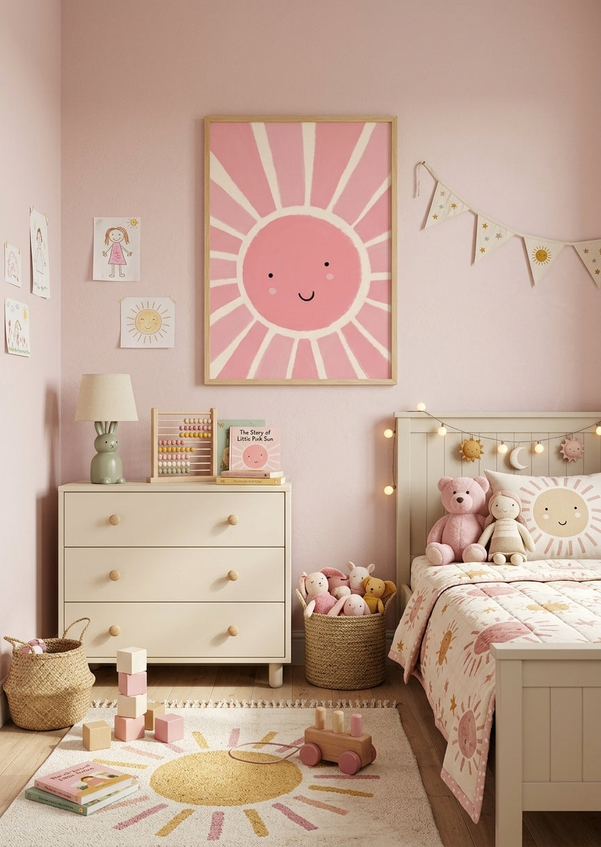 Børneplakat med glad pink sol til børneværelset
