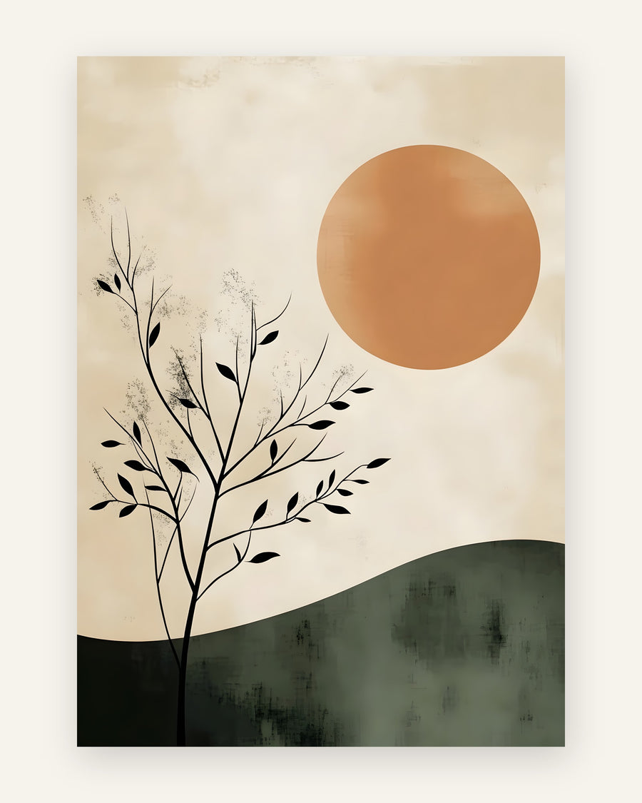 Minimalistisk boho-plakat med sort træsilhuet mod en orange sol over grønne bakker