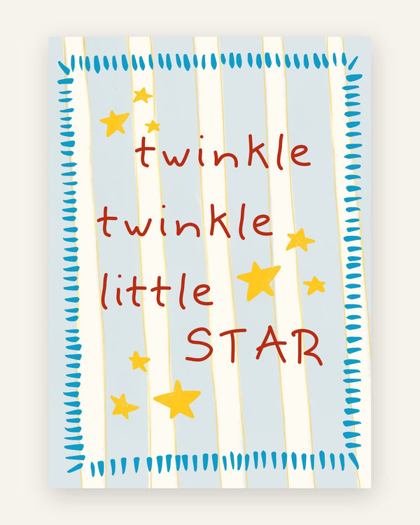 Børneplakat med twinkle twinkle little star i blå toner til børneværelset