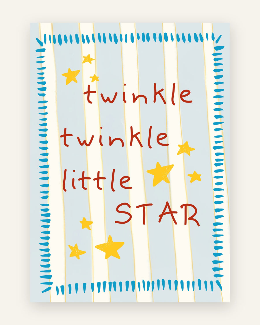 Børneplakat med twinkle twinkle little star i blå toner til børneværelset