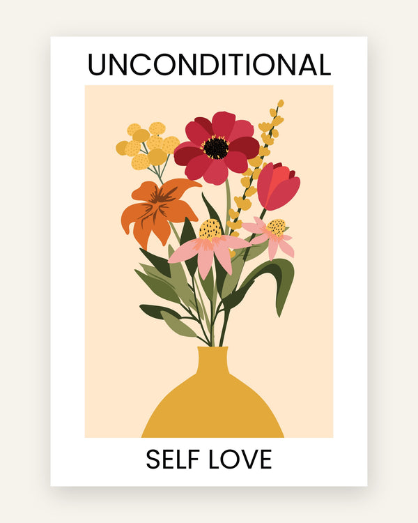 Børneplakat med unconditional self love i røde toner til børneværelset