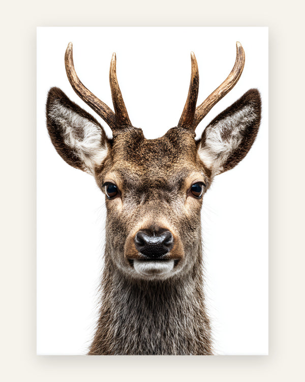 Børneplakat med naturtro nærbillede af et ungt rådyr med gevir i varme brune toner på hvid baggrund til børneværelset