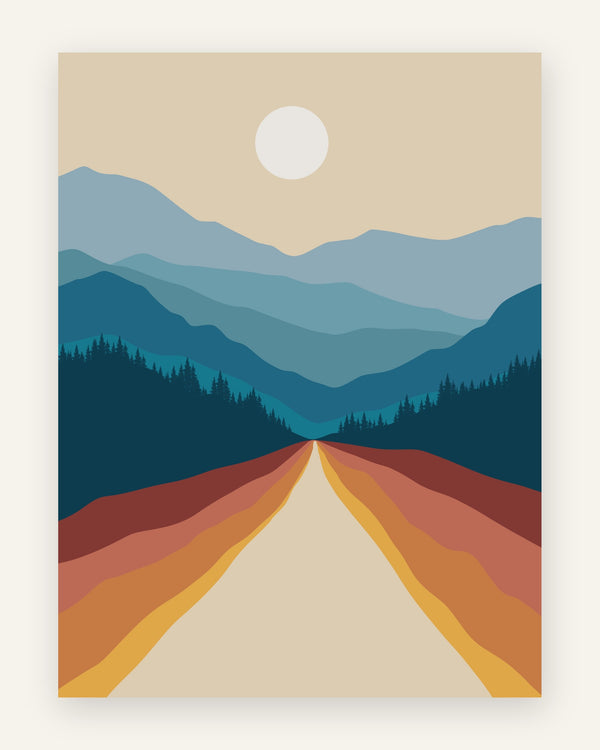 Minimalistisk retro-plakat med en vej i terrakotta og sennepsgul der fører gennem lag af blå bjerge mod en bleg sol