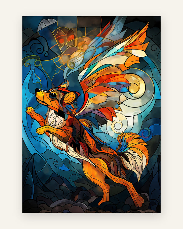 Abstrakt kunstplakat i glasmaleristil med en farverig vinget ræv der springer, i orange, blå og multifarvede nuancer med sol og måne