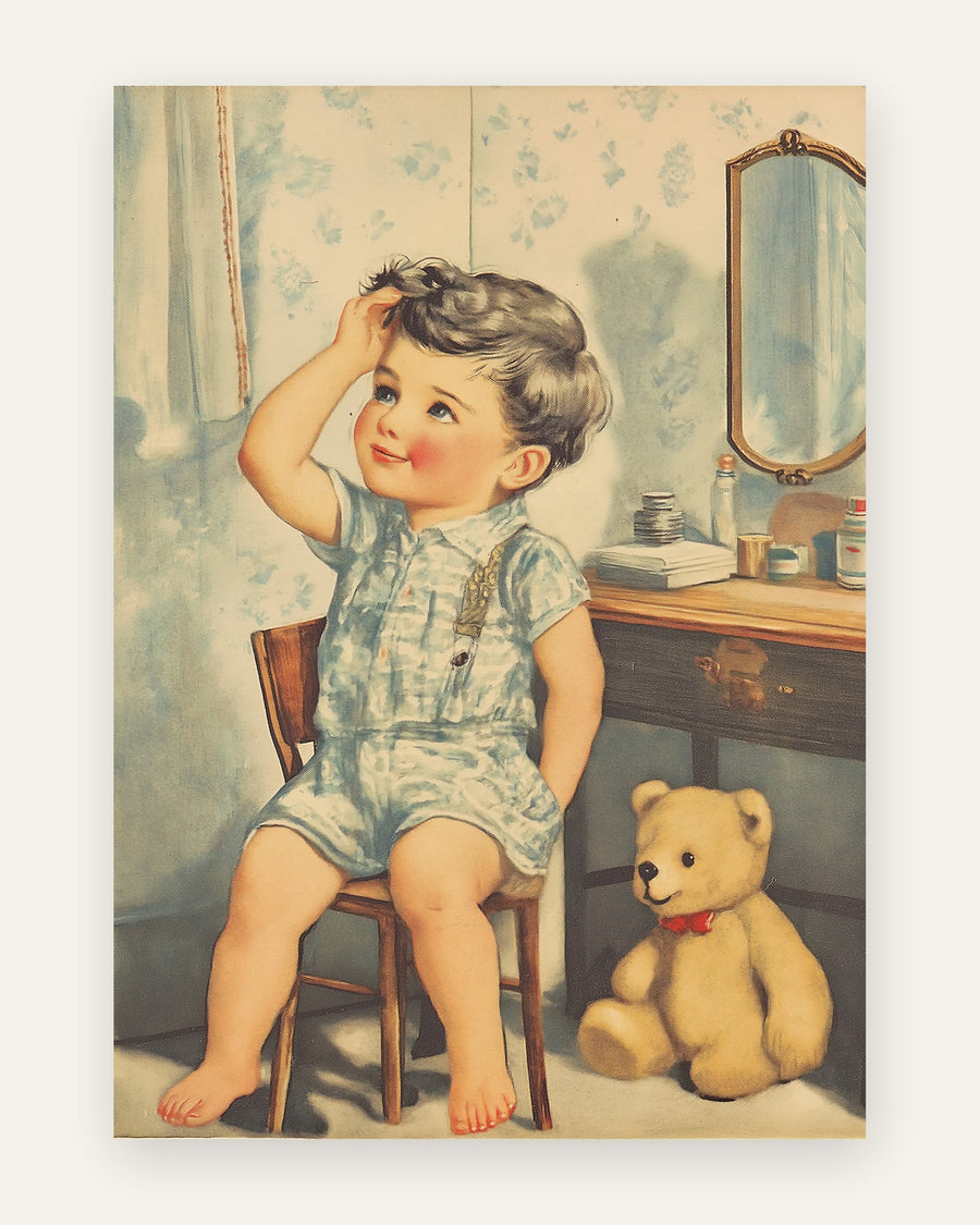 Børneplakat med vintage dreng med bamse i blå toner til drengeværelset