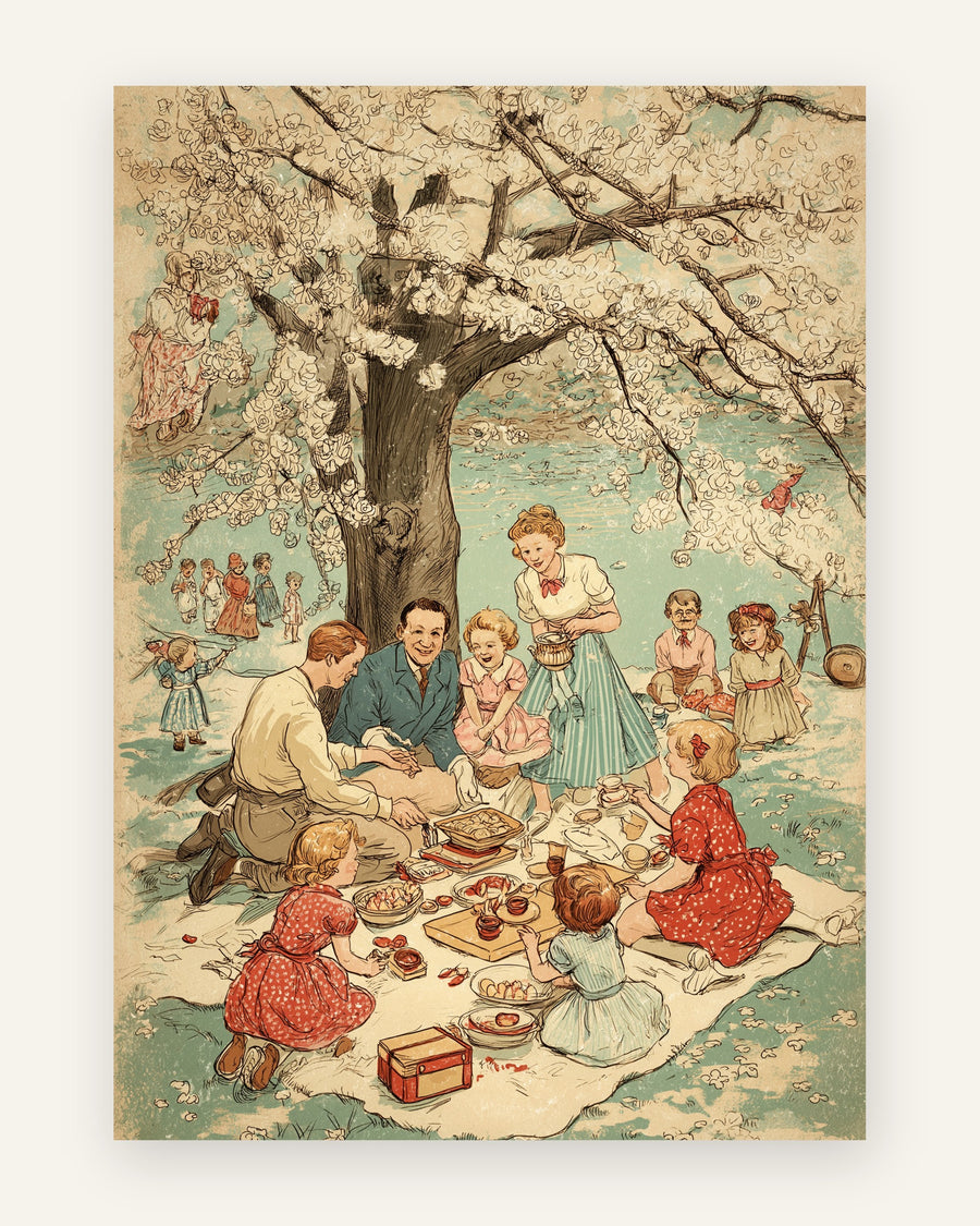 Børneplakat med vintage familie picnic i bløde pasteller til børneværelset