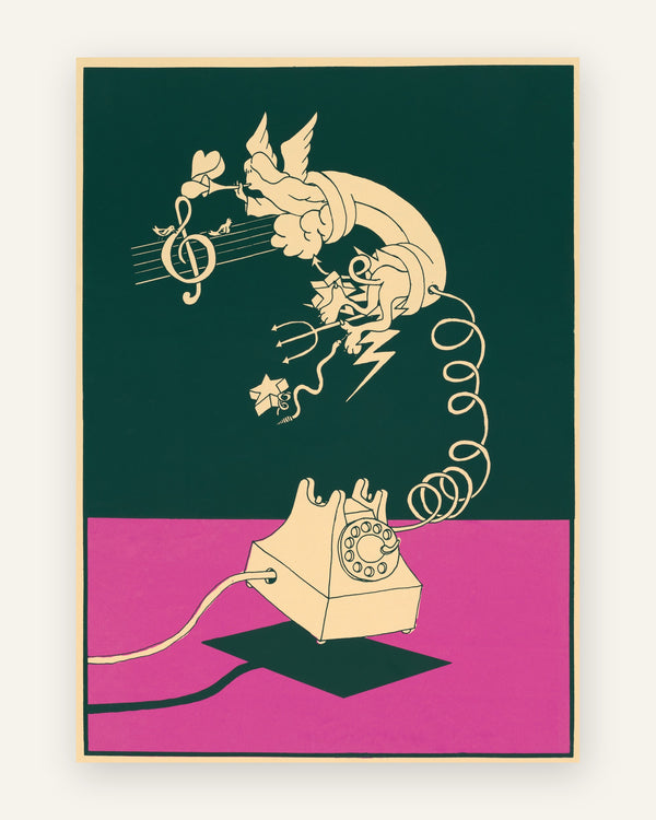 Retro plakat med en cremefarvet drejeskive-telefon på et pink bord mod mørkegrøn baggrund, hvor engel, nodenøgle og lynild strømmer ud af ledningen