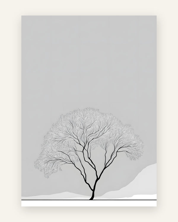 Minimalistisk plakat med bladløst vintertræ i sort på et gråt landskab med snebakker