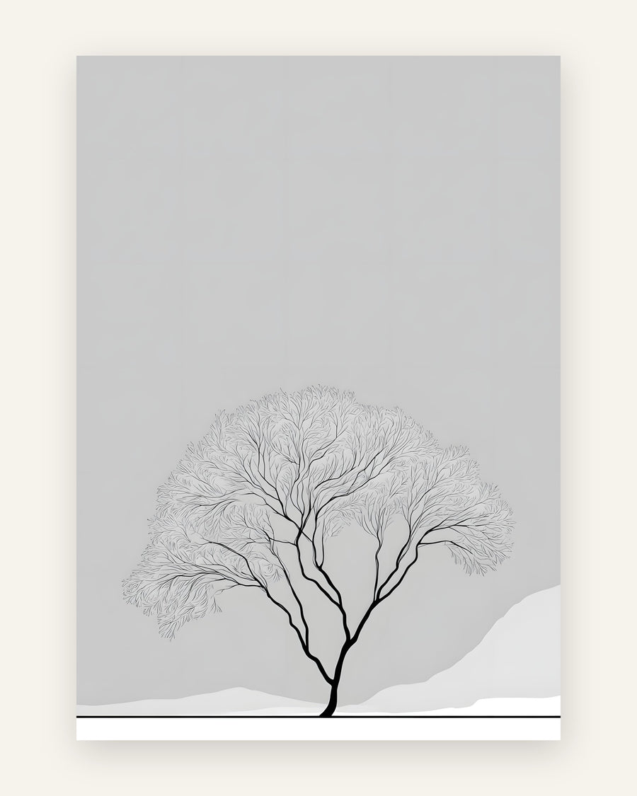 Minimalistisk plakat med bladløst vintertræ i sort på et gråt landskab med snebakker