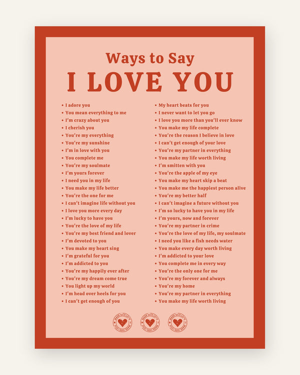 Børneplakat med ways to say i love you i røde toner til børneværelset