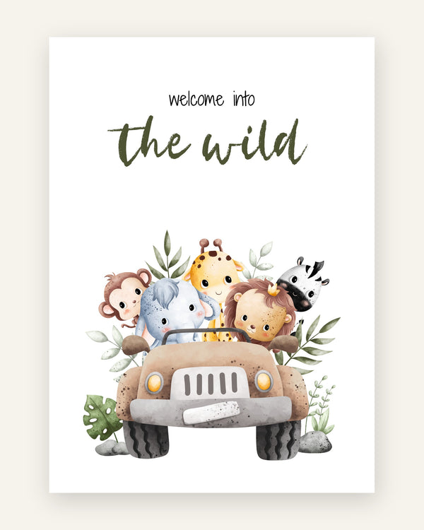 Børneplakat med welcome into the wild i grønne toner til børneværelset