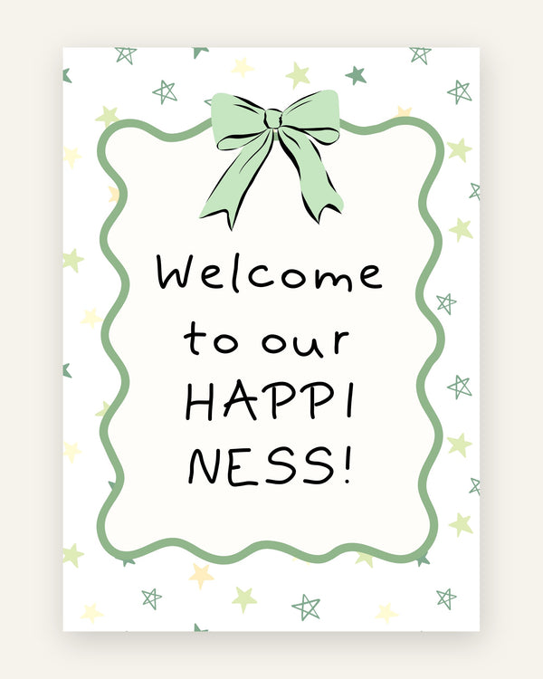 Børneplakat med welcome to our happiness i grønne toner til børneværelset