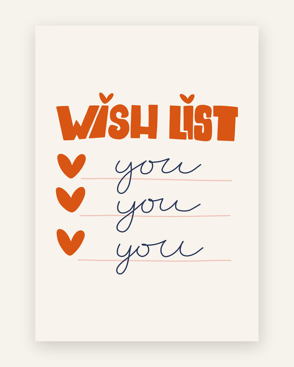 Børneplakat med wish list hjerter i orange toner til børneværelset