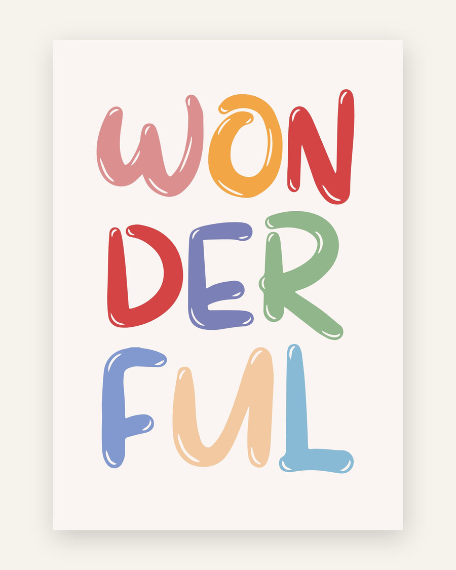 Børneplakat med wonderful farverig tekst i friske farver til børneværelset