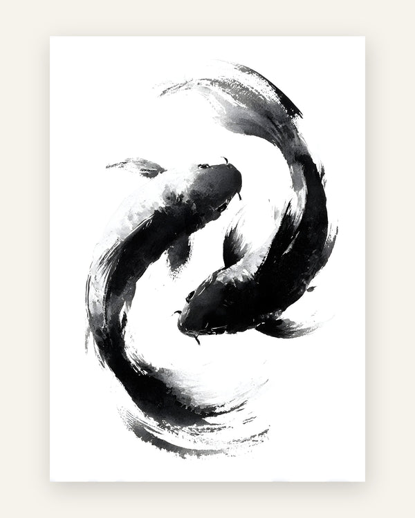 Børneplakat med yin yang koi i sort-hvid til børneværelset