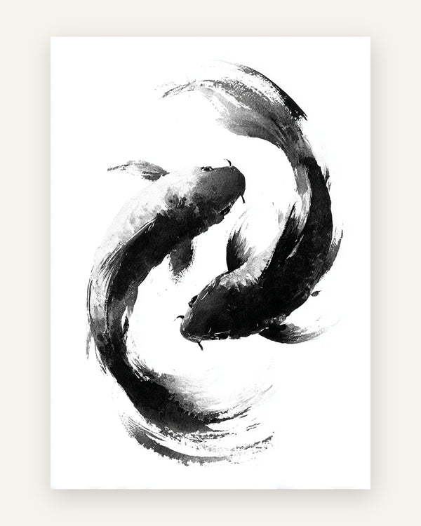 Børneplakat med yin yang koi i sort-hvid til børneværelset