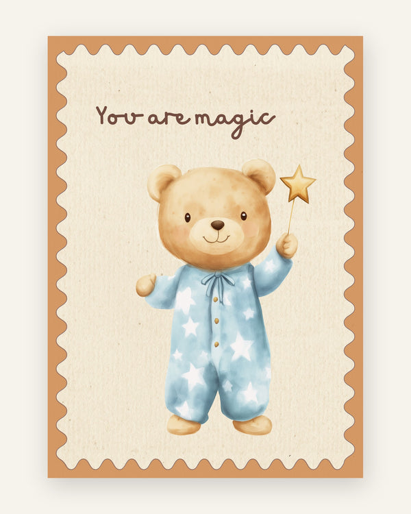 Børneplakat med you are magic bamse i blå toner til drengeværelset