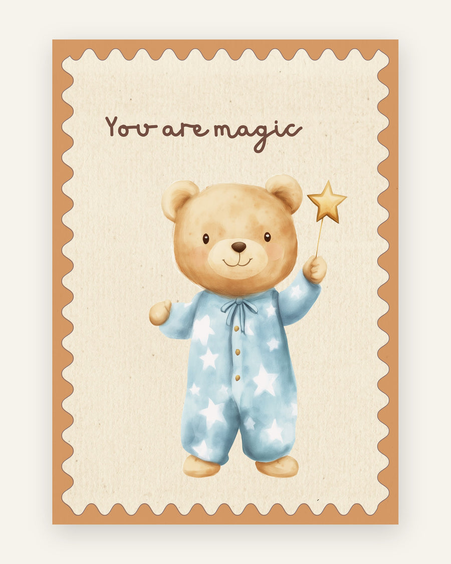 Børneplakat med you are magic bamse i blå toner til drengeværelset