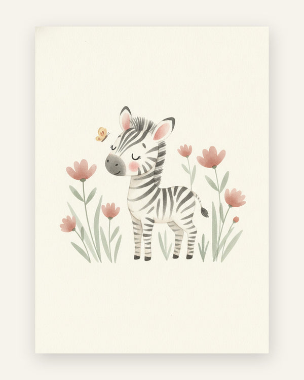 Plakat med zebraføl blandt støvet rosa markblomster