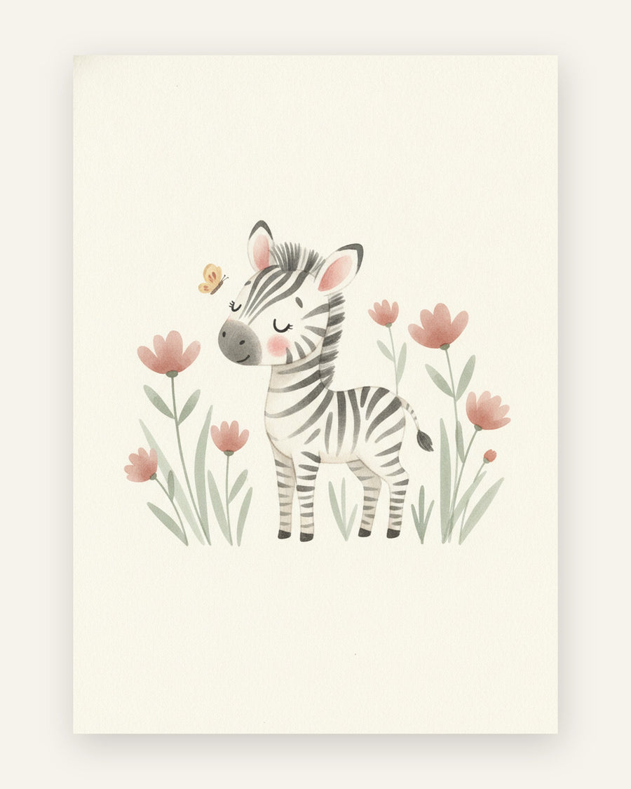 Plakat med zebraføl blandt støvet rosa markblomster
