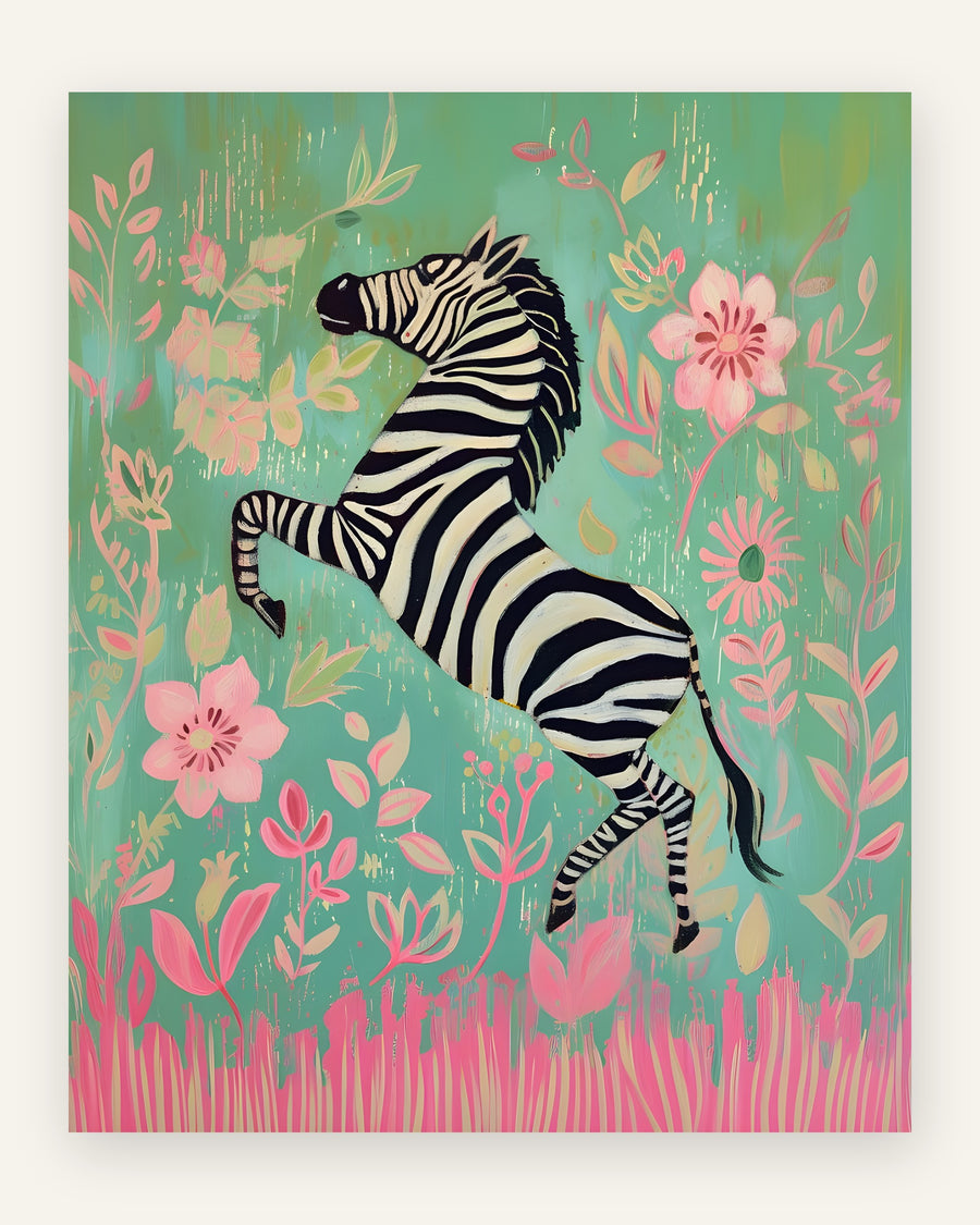 Børneplakat med zebra i blomsterhave i grønne toner til pigeværelset