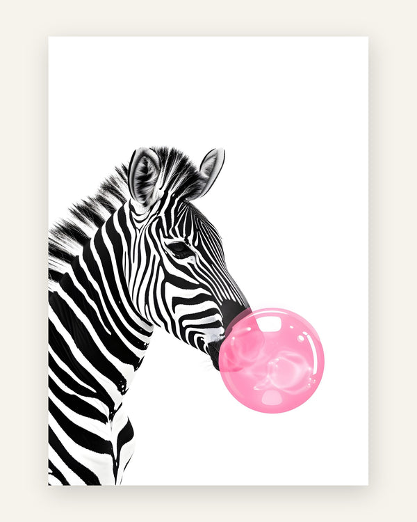 Børneplakat med zebra med tyggegummi i sort-hvid til børneværelset