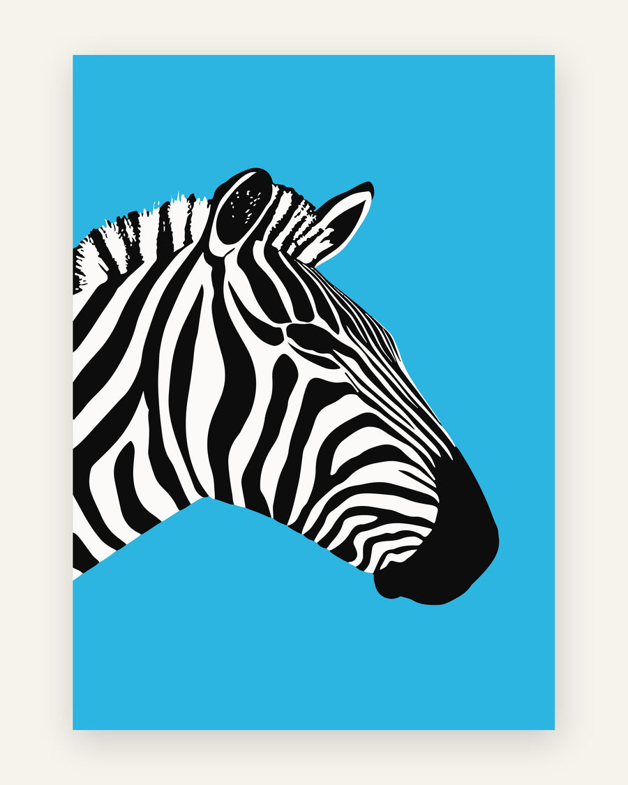 Børneplakat med zebra på blå baggrund til børneværelset
