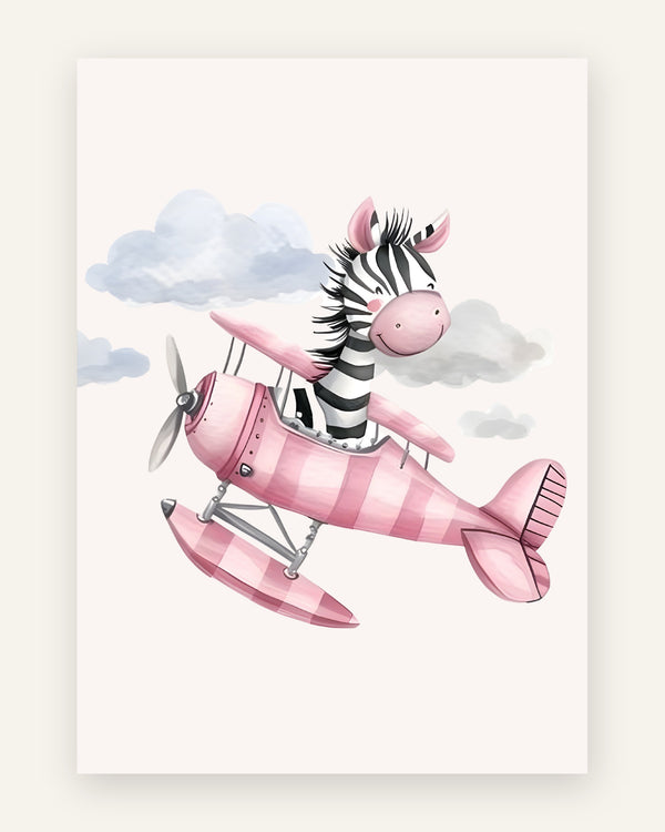 Børneplakat med zebra på lyserød flyver til børneværelset