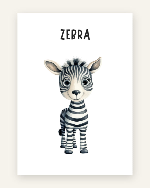 Børneplakat med zebra plakat med navn i sort-hvid til børneværelset