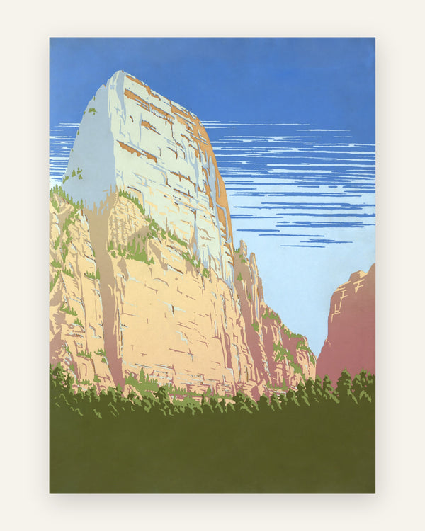 Vintage rejseplakat af Zion Canyon med en cremefarvet sandstensklippe i tan og orange, blå himmel og grøn nåleskov